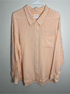 Wilfred Free Linen Blend Orange and White Striped Button-Down Shirt Medium